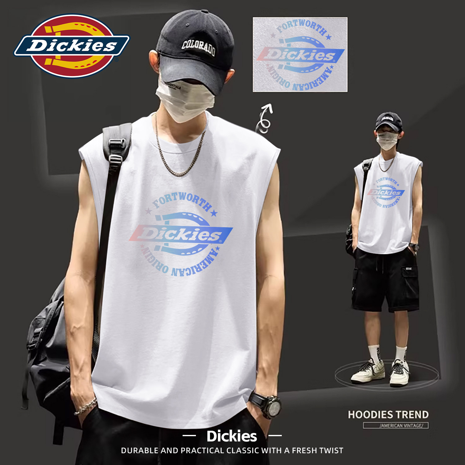 Dickies男士纯棉背心夏季薄款宽松运动健身无袖上衣潮青少年坎肩T