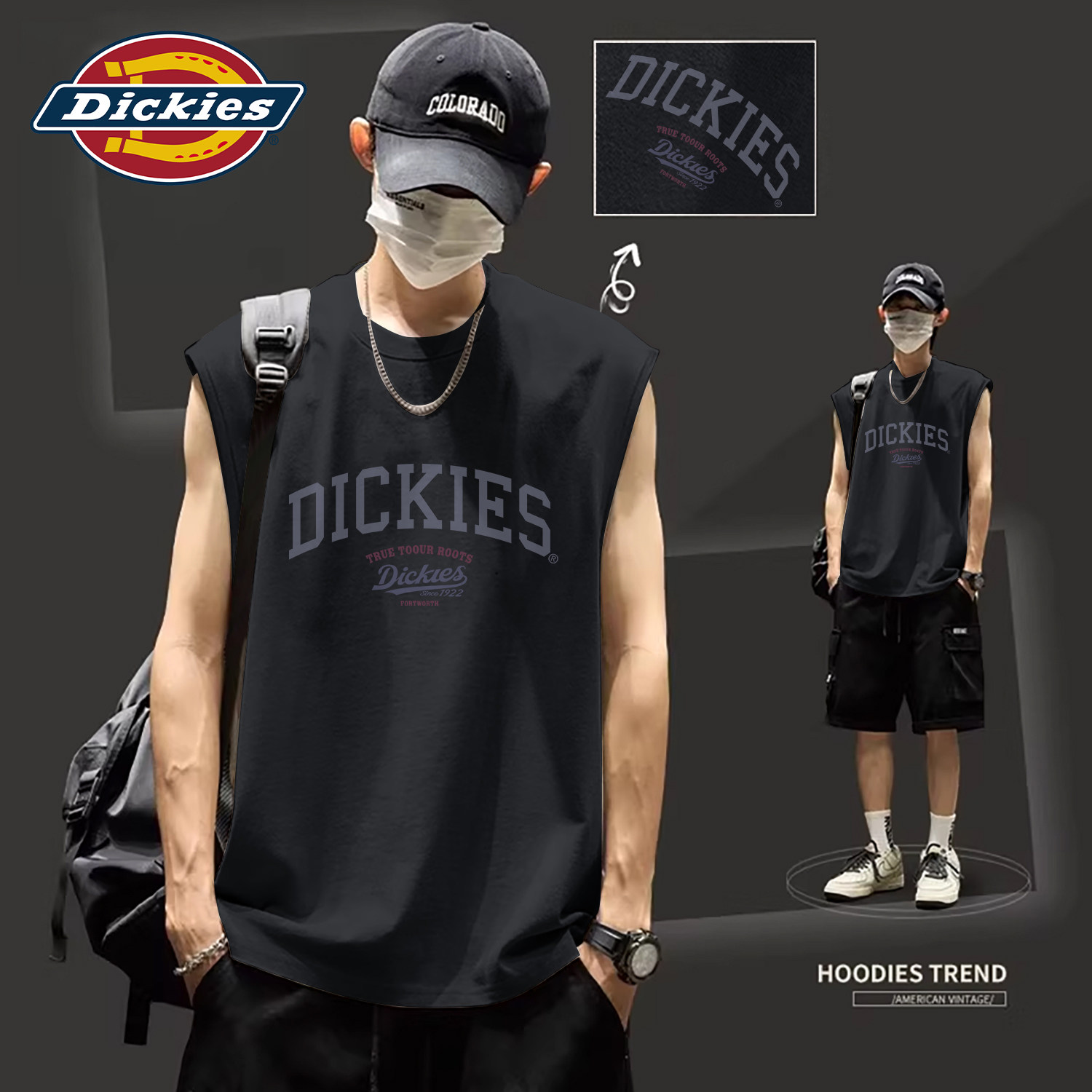 Dickies男士潮牌印花纯棉背心夏季宽松透气圆领运动无袖上衣坎肩