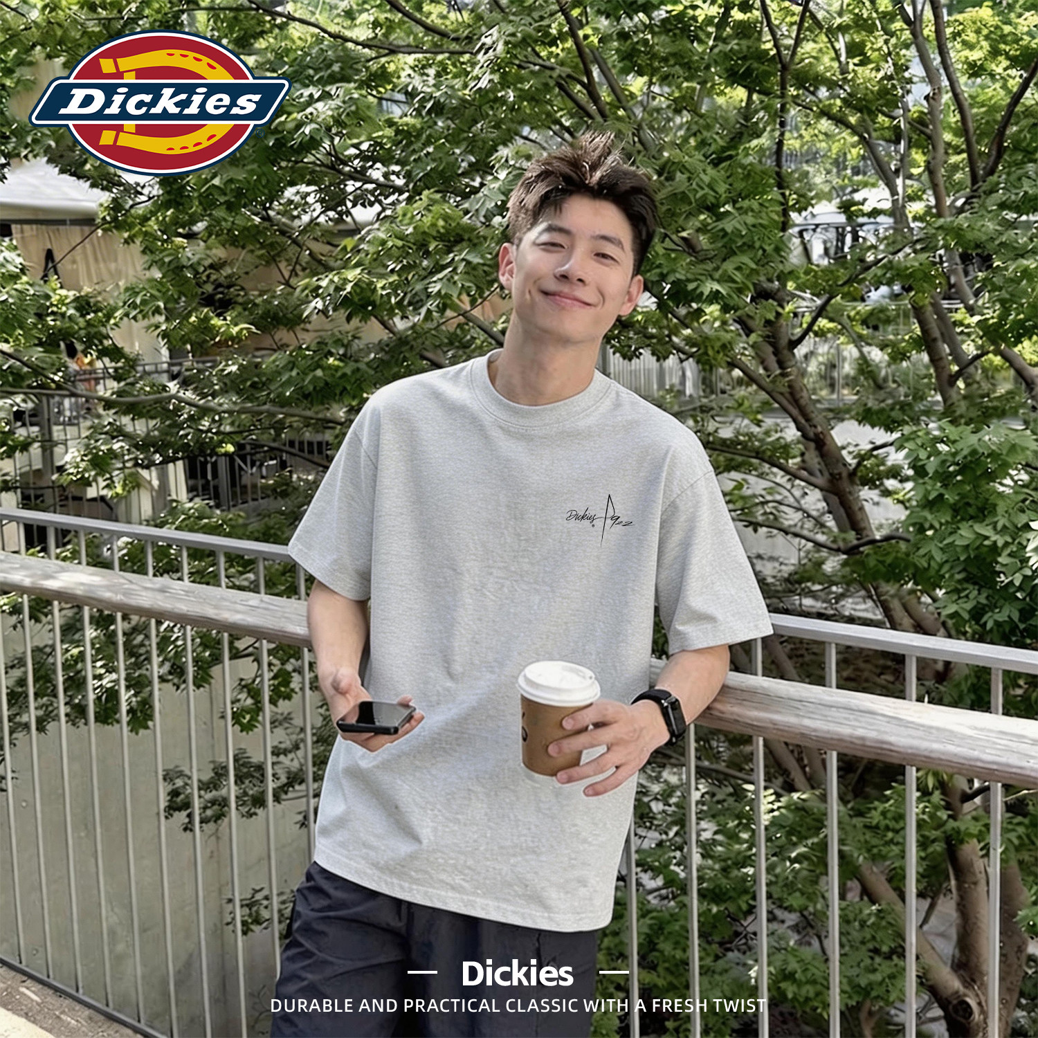 Dickies灰色短袖t恤男生夏季纯棉宽松圆领上衣潮流简约印花衣服男