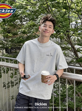 Dickies灰色短袖t恤男生夏季纯棉宽松圆领上衣潮流简约印花衣服男