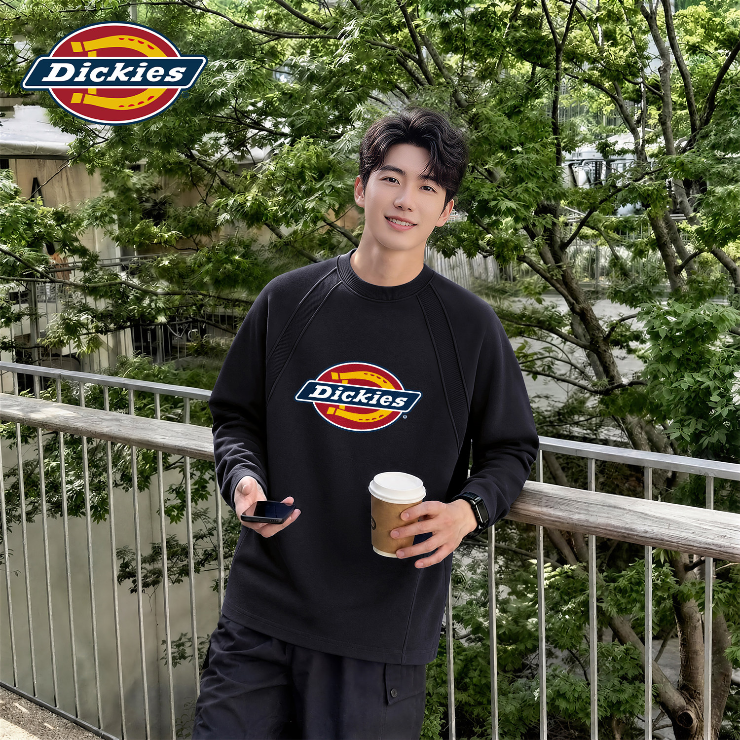 Dickies潮牌黑色圆领长袖T恤男款宽松套头休闲风logo印花流行上衣