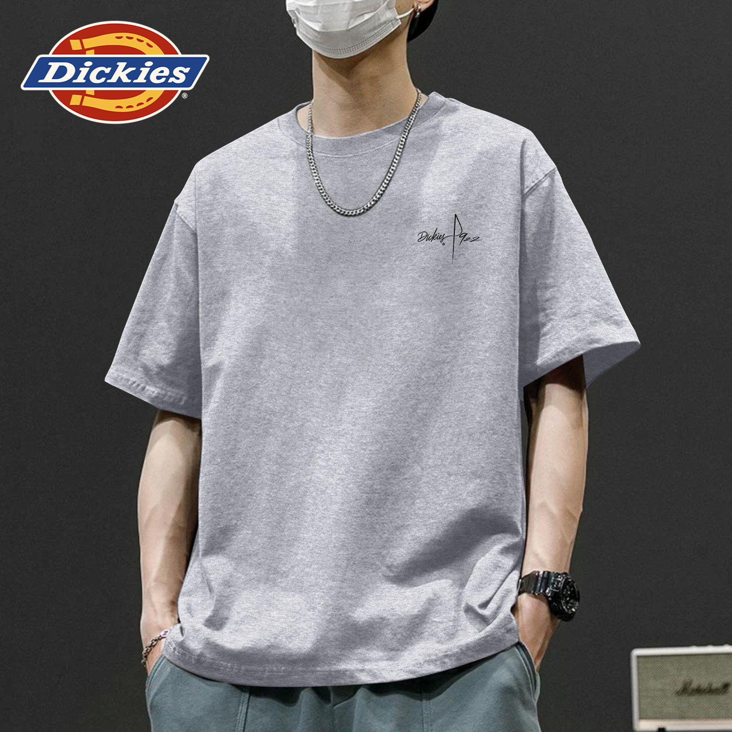 Dickies灰色短袖t恤男款纯棉宽松青少年字母印花上衣2026新款男装
