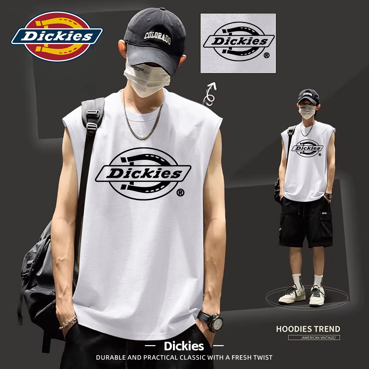 Dickies纯棉背心男白色2026夏季新款LOGO印花无袖运动t恤男生坎肩