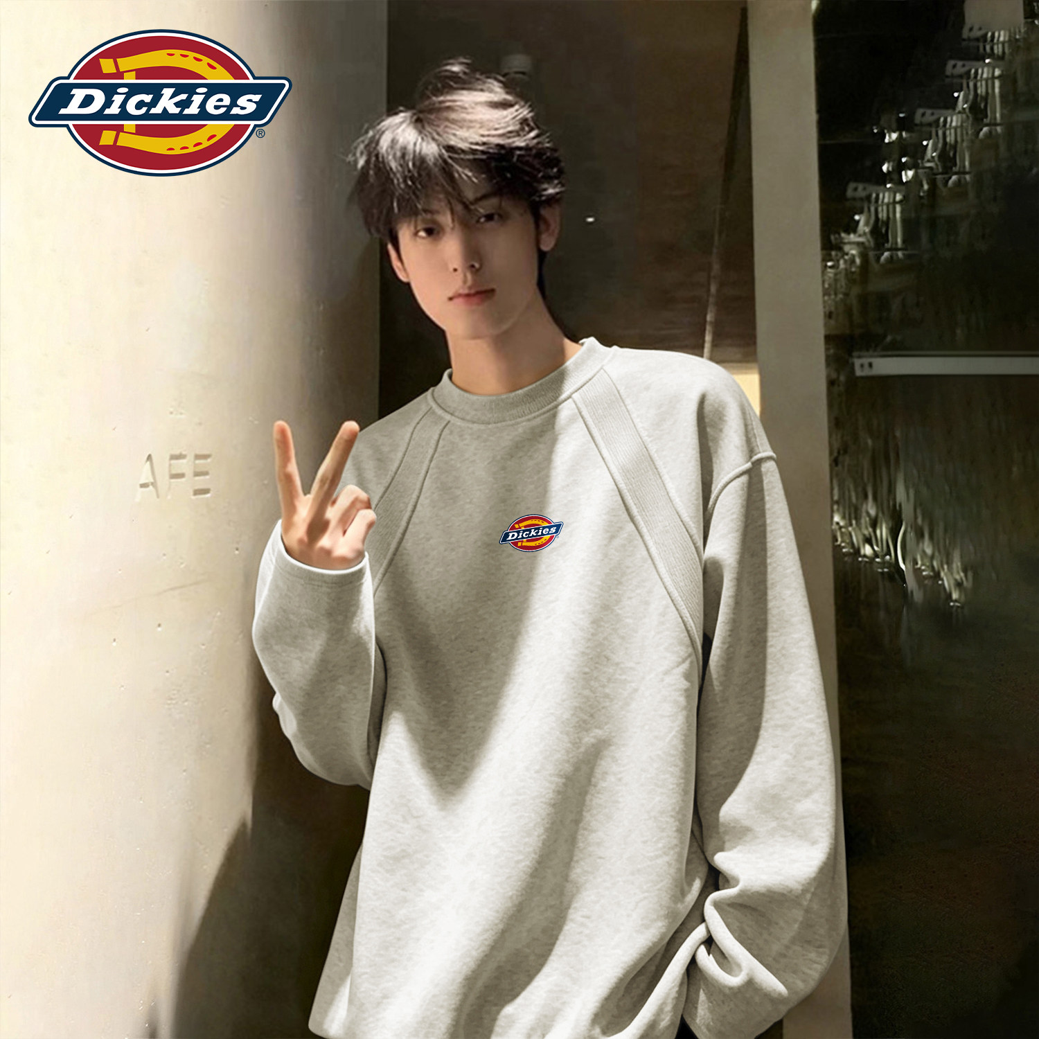 Dickies灰色重磅长袖T恤男正肩运动上衣男款美式潮流灰色套头衫男