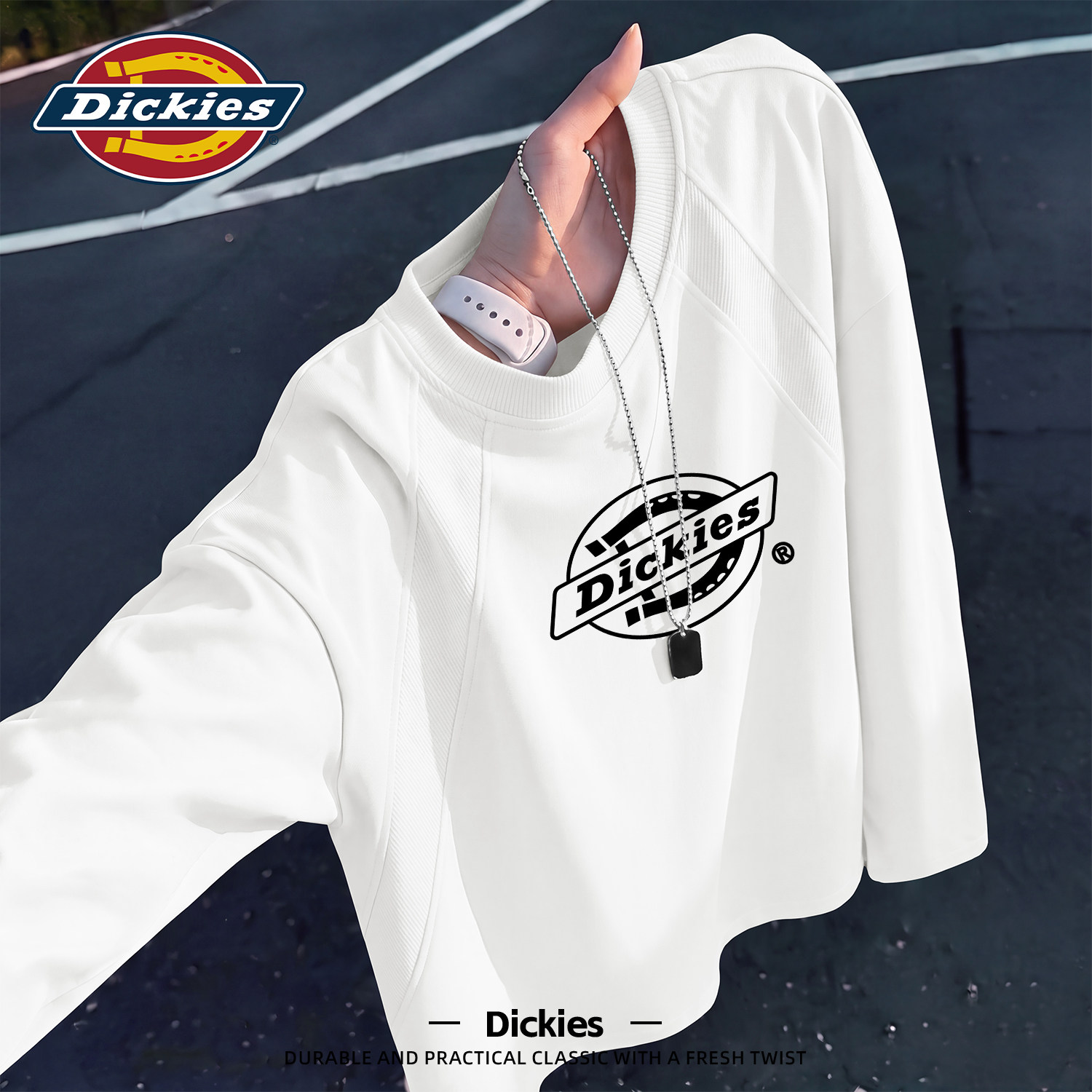 Dickies潮牌插肩长袖T恤男美式休闲印花圆领百搭流行白色上衣秋装