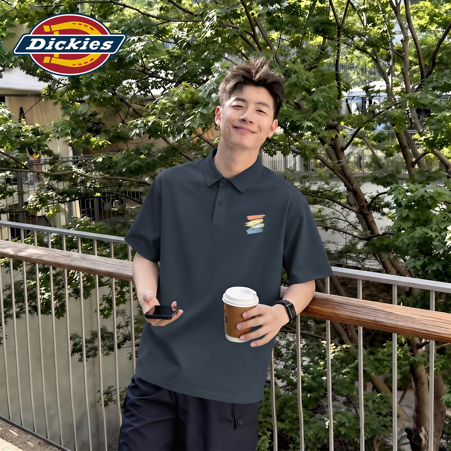Dickies翻领短袖POLO衫男款冰丝无痕夏季透气印花休闲通勤商务T恤