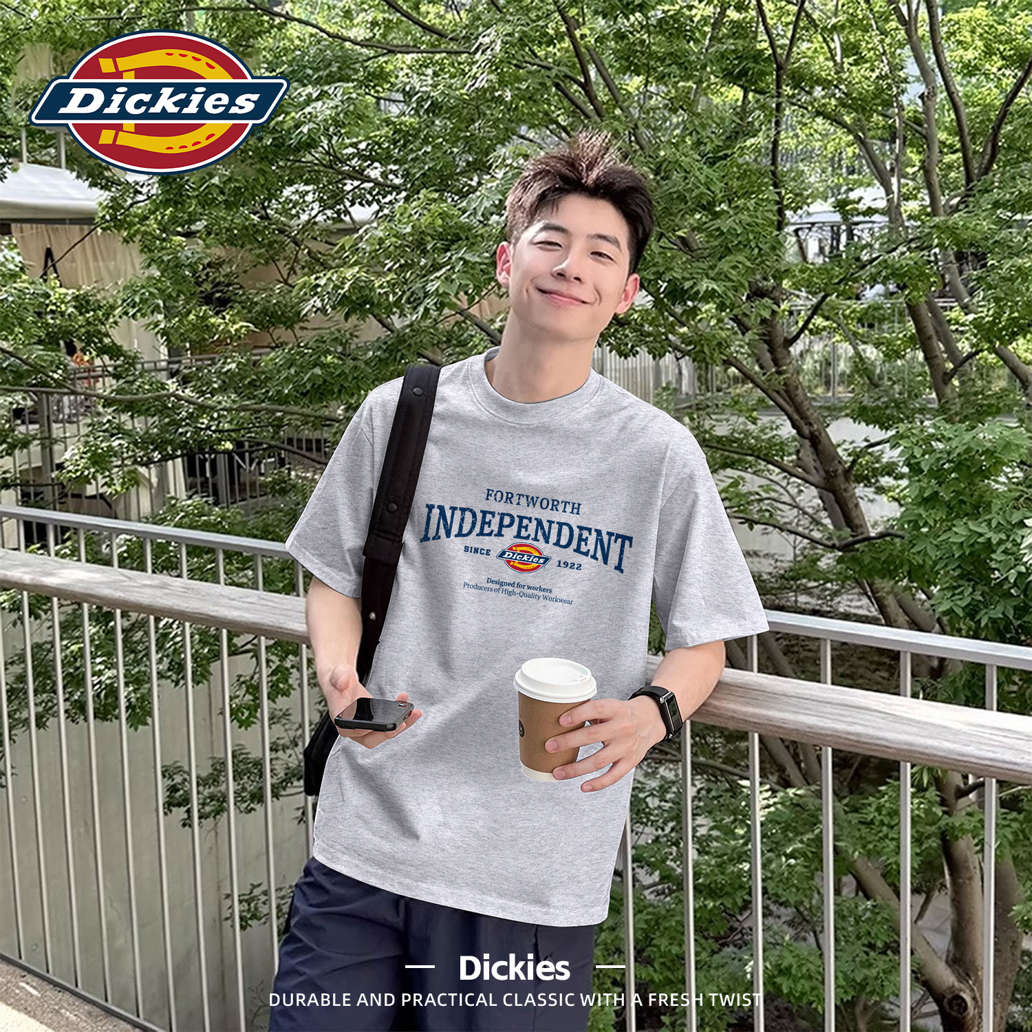 Dickies灰色短袖t恤男款大码青少年纯棉上衣夏季2026新款五分袖男