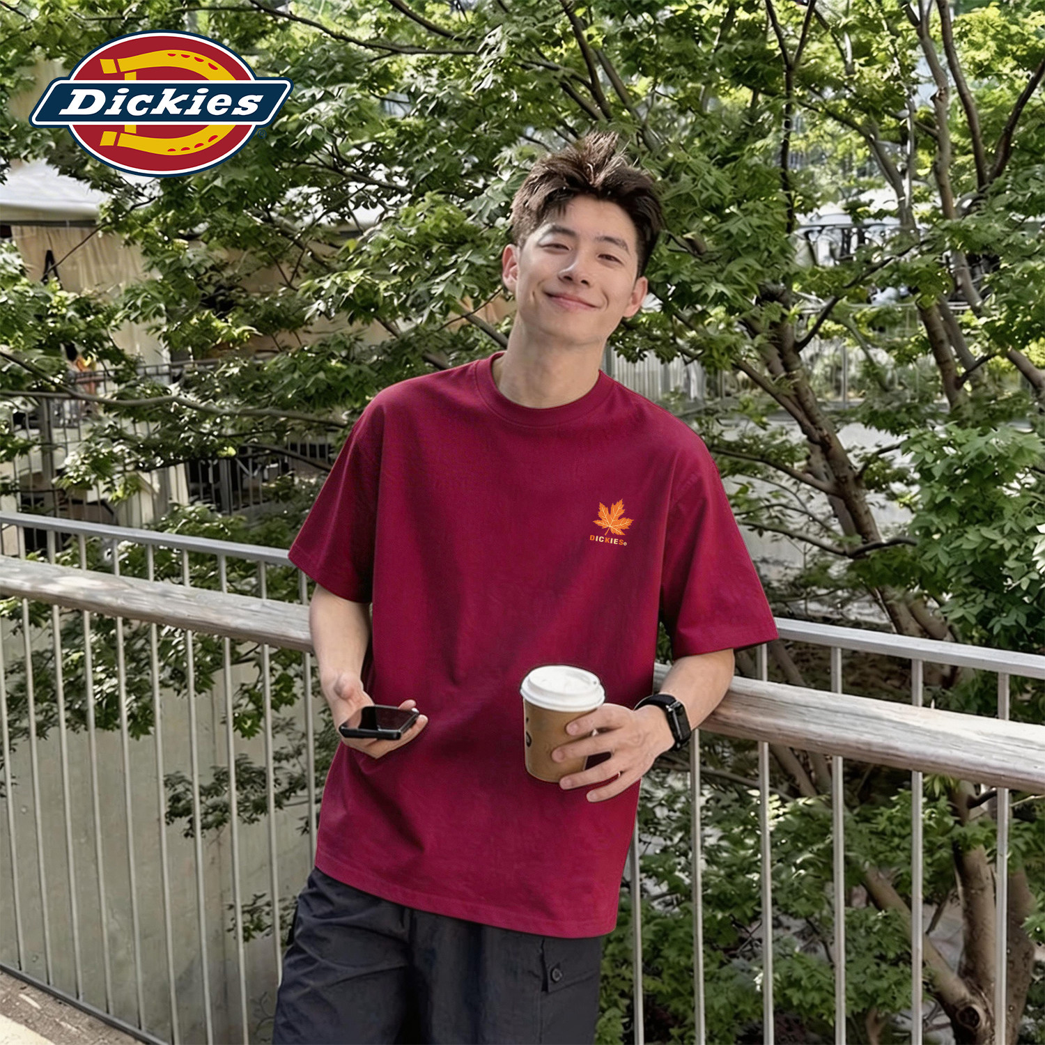 Dickies酒红短袖T恤男枫叶印花宽松运动上衣青少年夏季五分袖男生