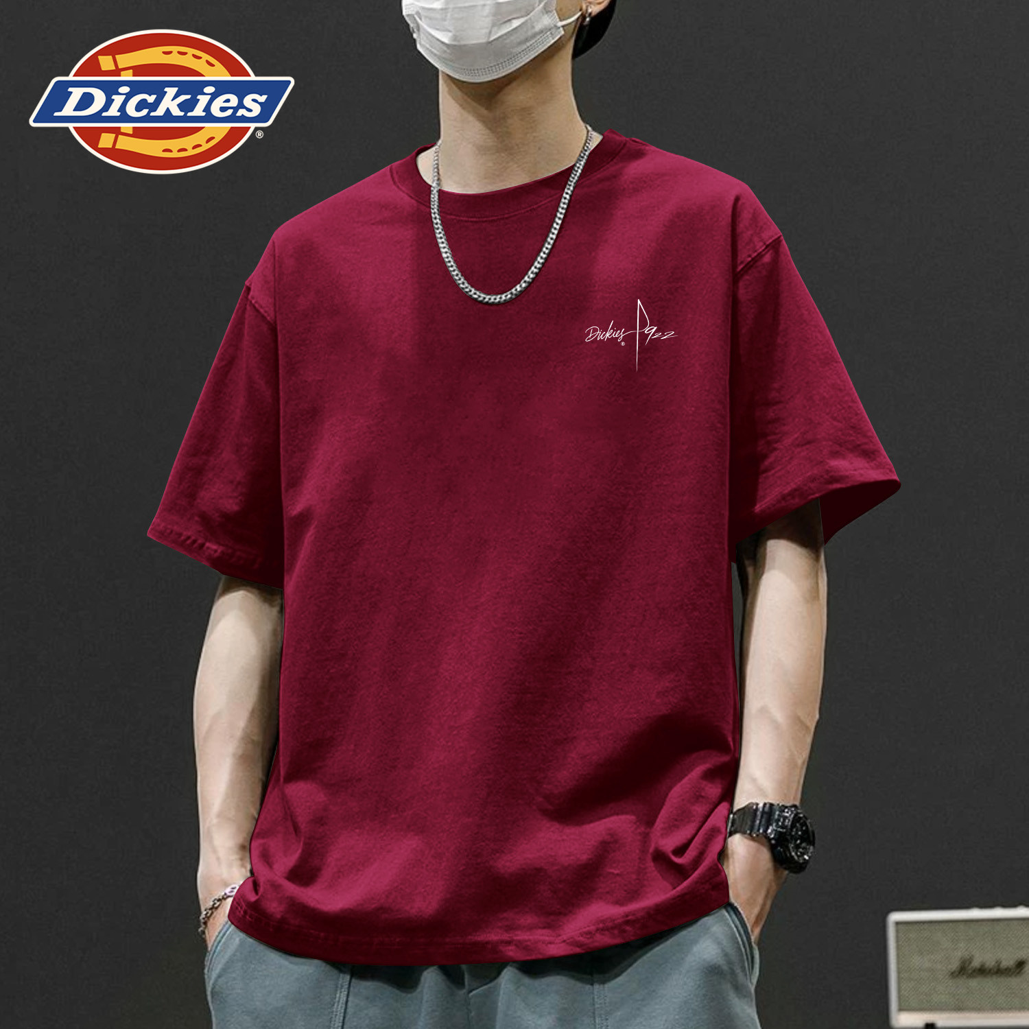 Dickies酒红色短袖t恤男款大码纯棉夏季半袖上衣新款男士五分袖潮