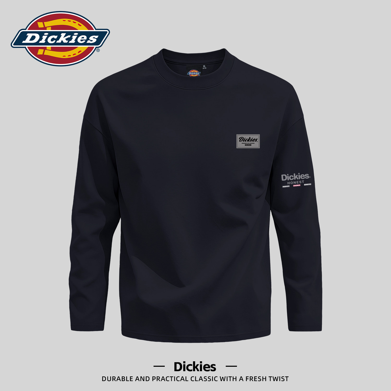 Dickies黑色潮牌长袖T恤男早秋宽松圆领印花美式休闲风纯棉打底衫