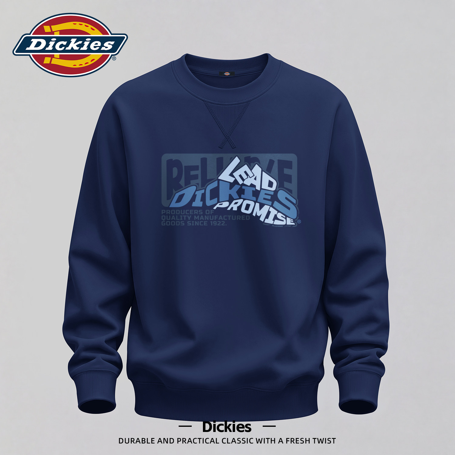 Dickies美式圆领卫衣男藏青色潮牌印花早秋宽松大码休闲百搭上衣