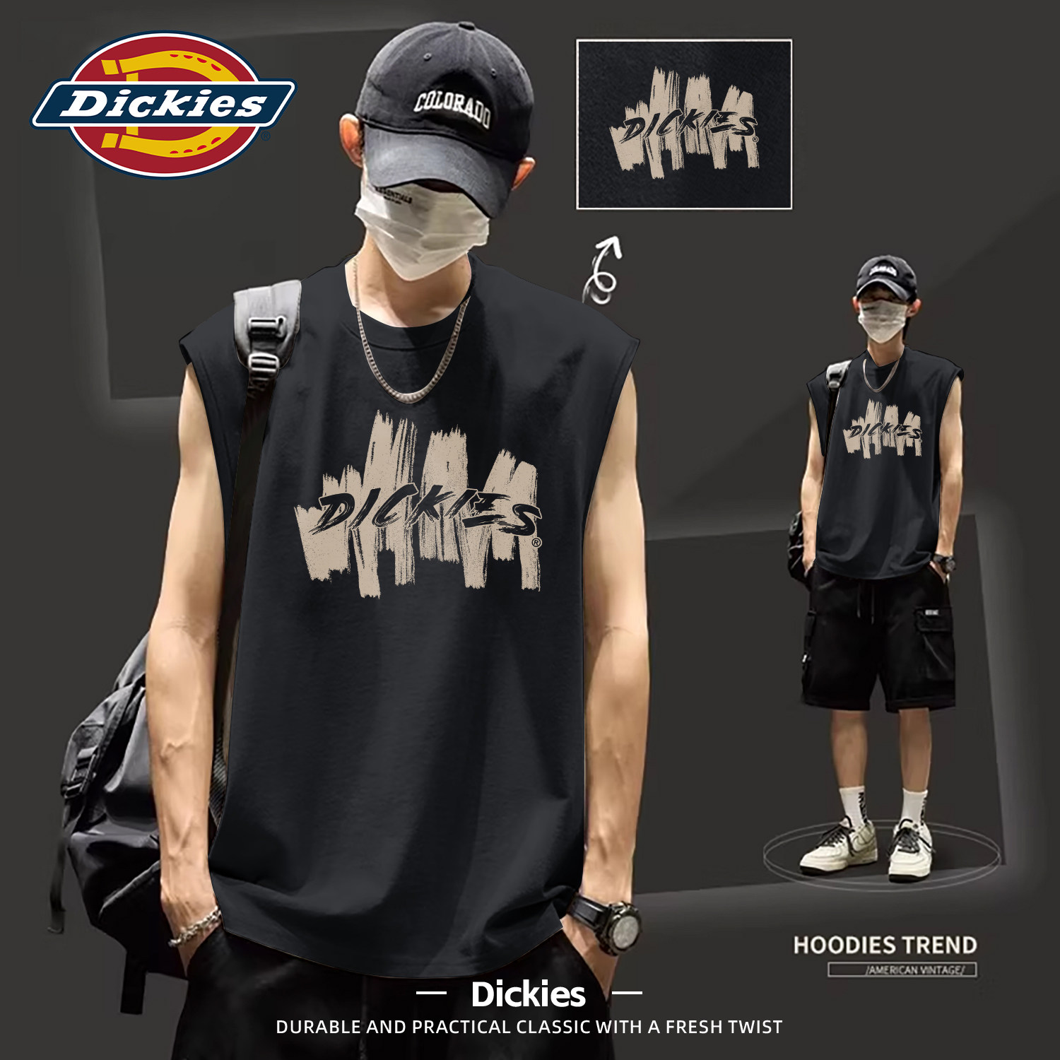 Dickies纯棉背心男夏季黑色宽松印花无袖坎肩男T百搭运动潮牌上衣