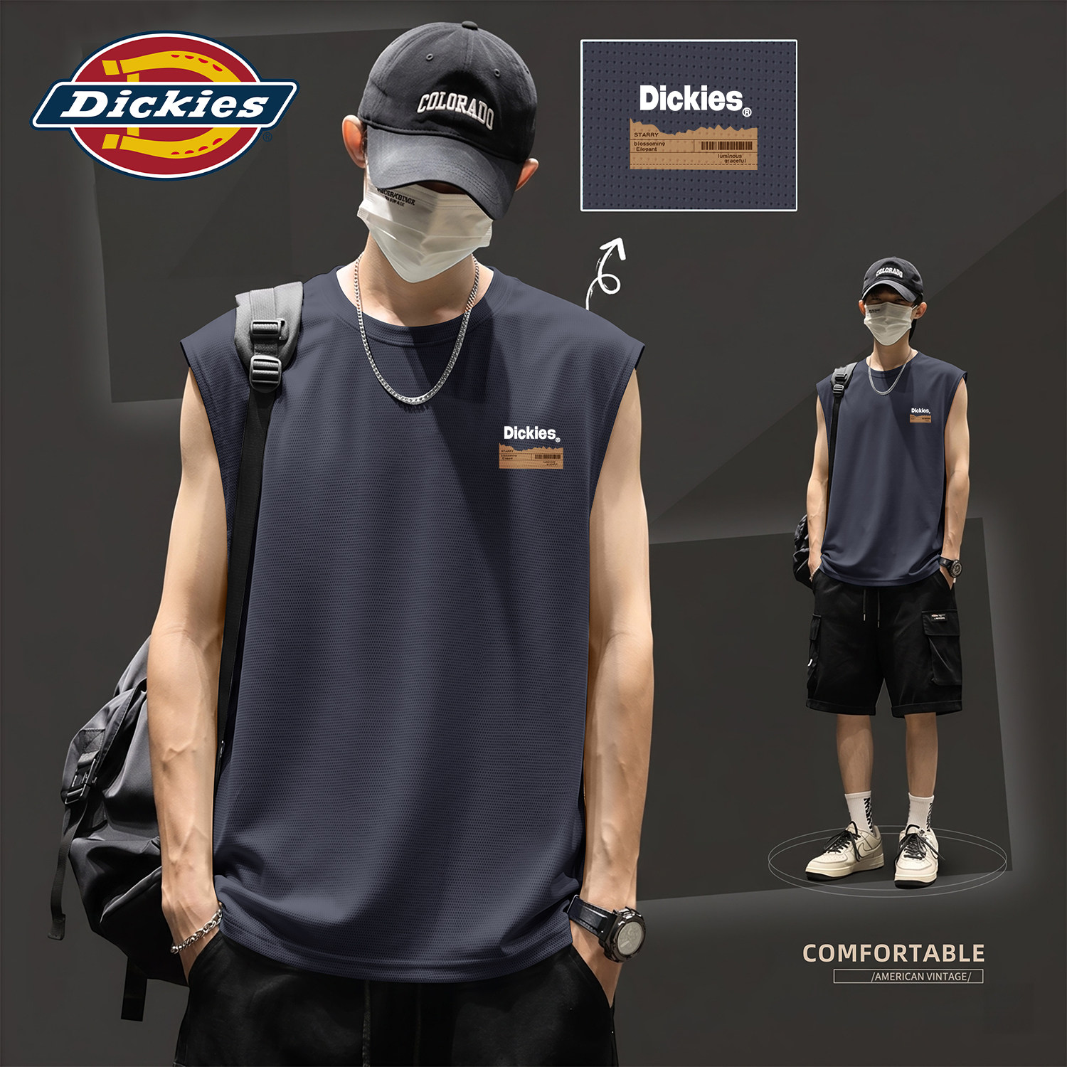 Dickies男士速干网眼背心夏轻薄透气运动健身上衣圆领印花冰丝T恤