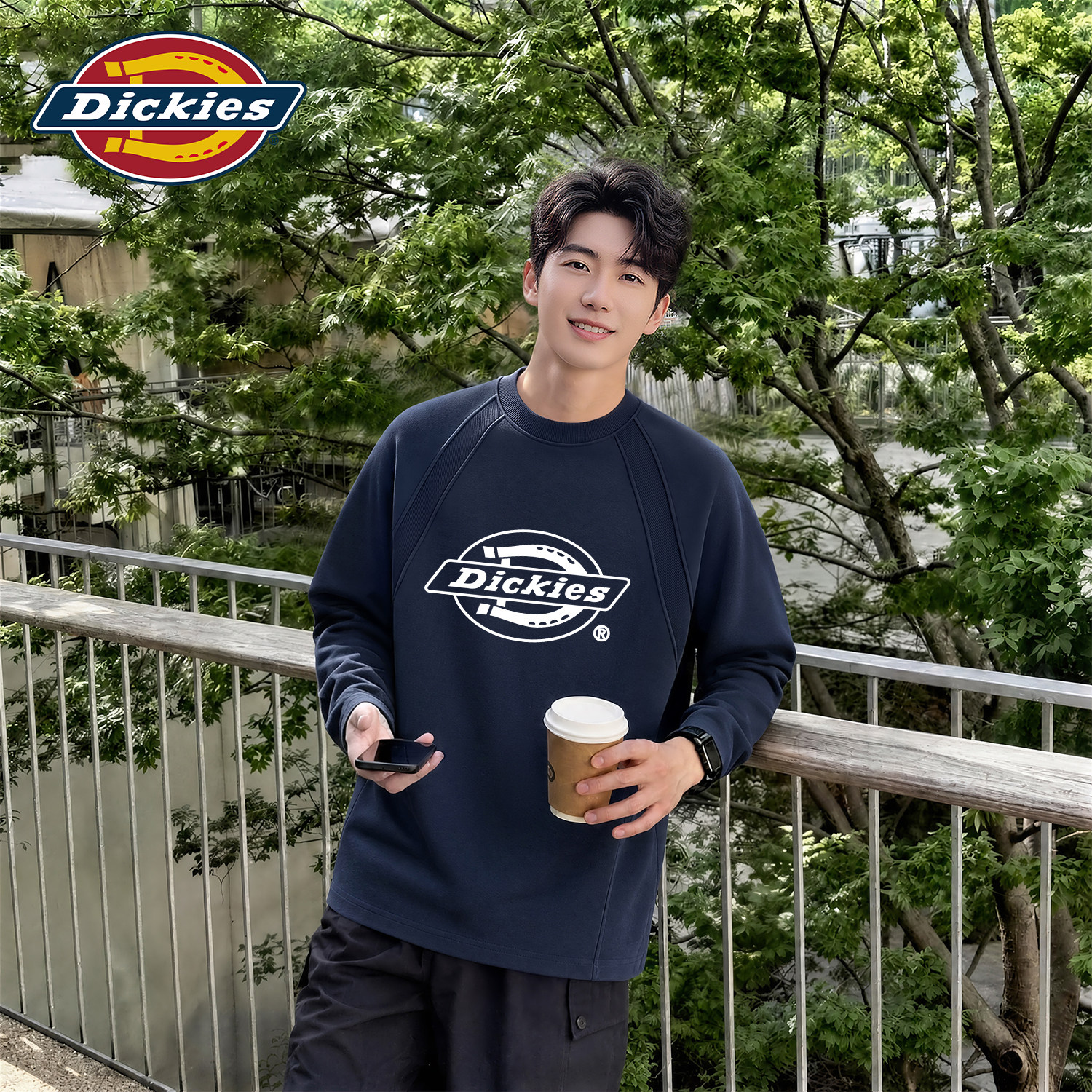 Dickies男士插肩长袖T恤宽松流行圆领上衣秋季潮牌百搭休闲打底衫
