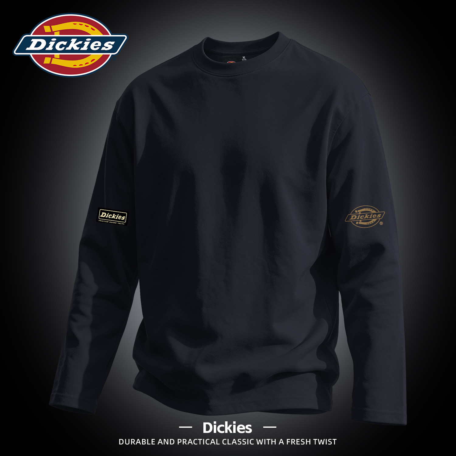 Dickies黑色长袖T恤男宽松套头潮牌印花休闲打底衫秋季男生上衣服