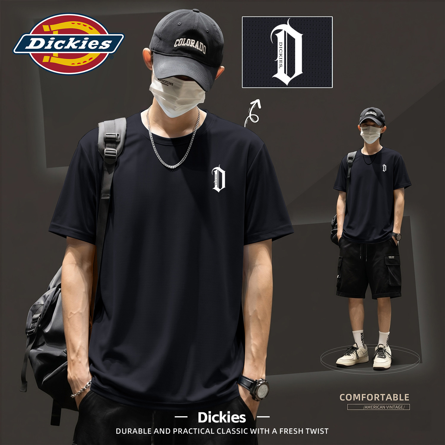 Dickies冰丝速干短袖男夏季轻薄透气运动休闲印花LOGO无袖黑色T恤