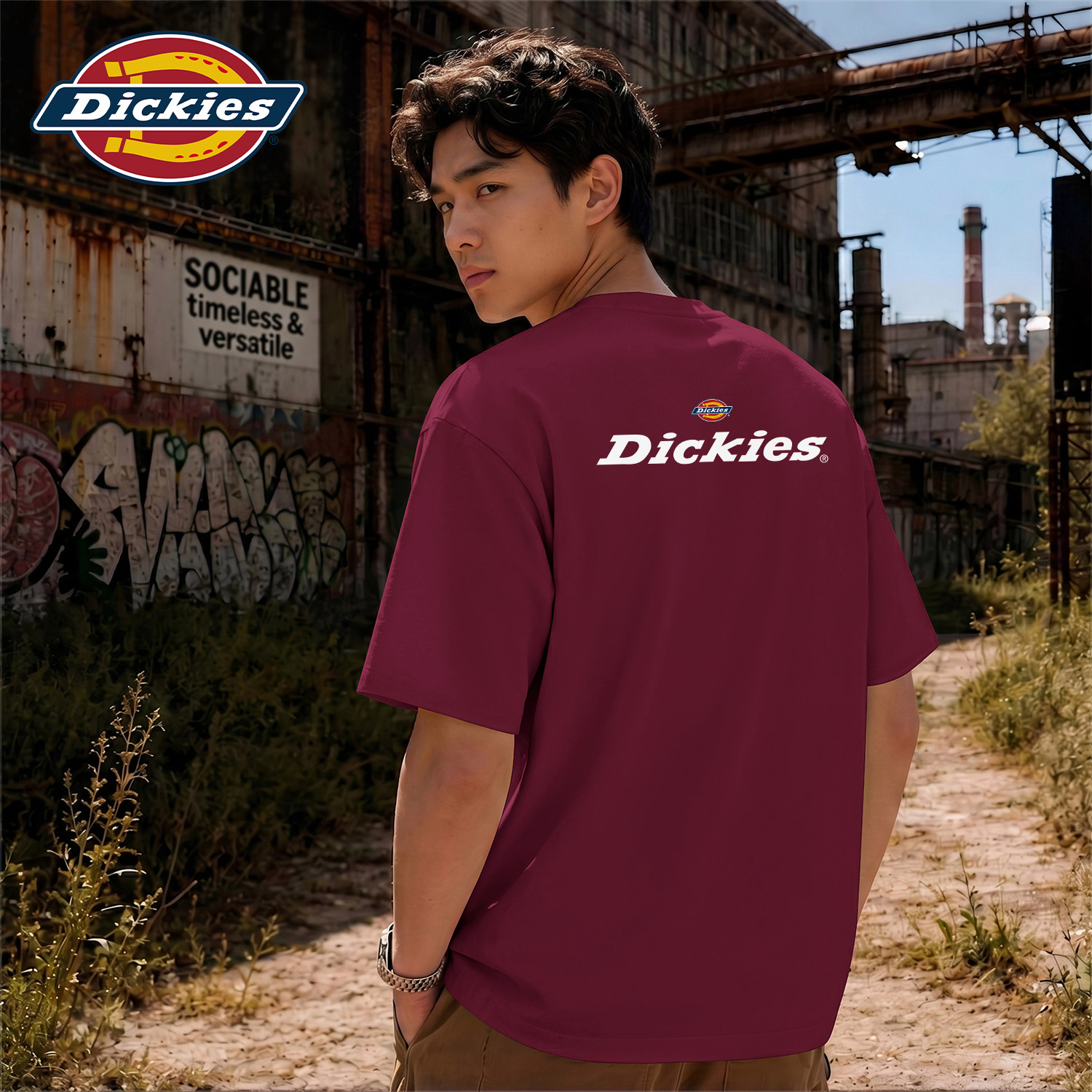 Dickies短袖T恤男士酒红色夏季美式高街LOGO印花上衣男生潮流衣服