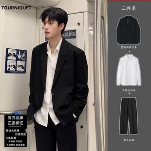黑色休闲垫肩西服外套潮男春秋款西装男痞帅韩版大学生西装套装男
