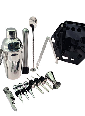 新款黑色亚克力套装 鸡尾酒调酒器酒吧工具14件套 六边形旋转
