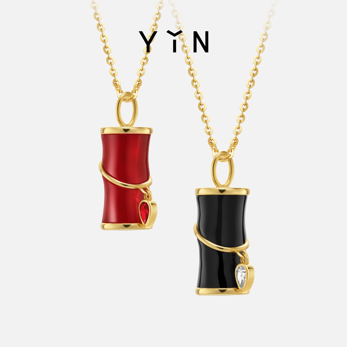 「怡」金爆竹红玉髓黑玛瑙18K金项链竹节吊坠中式祝福新年礼物