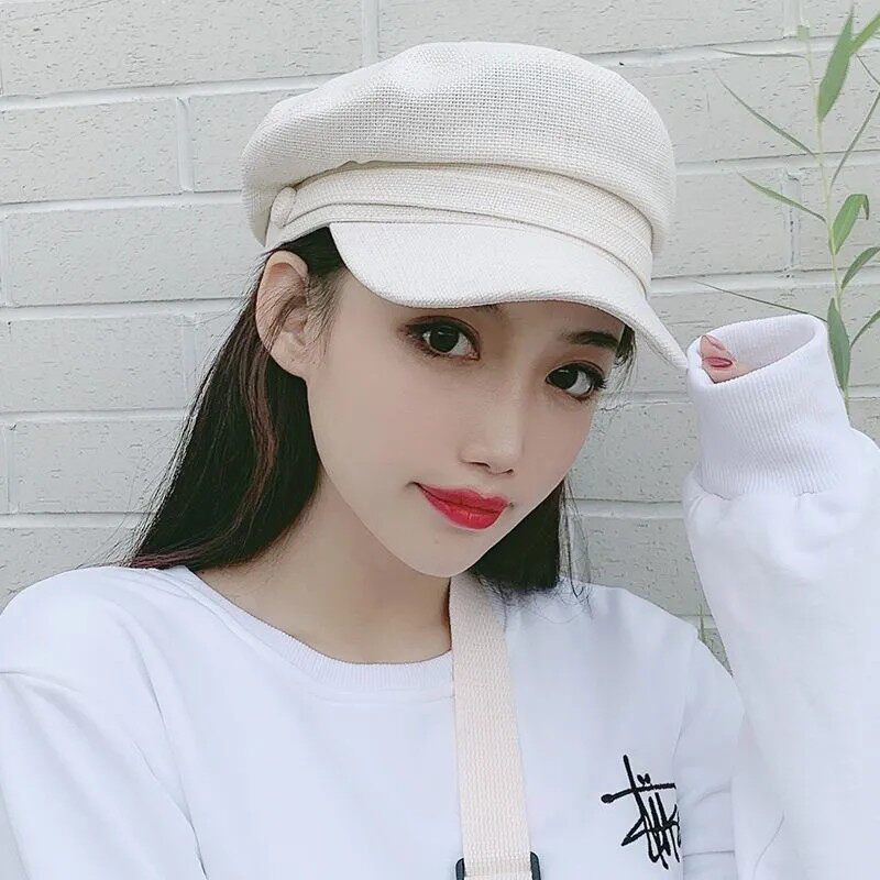 四季网红日系复古白色平顶棉麻海军帽子女韩国ins英伦八角贝雷帽