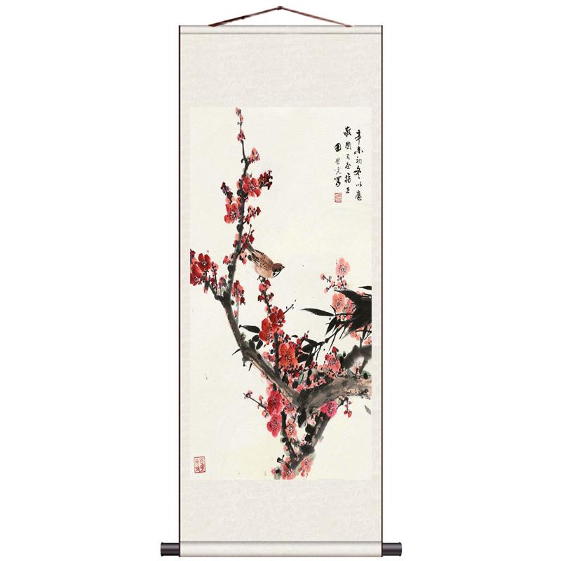 喜上眉梢丝绸卷轴画挂画国画梅花装饰画客厅办公室壁画风水玄关画