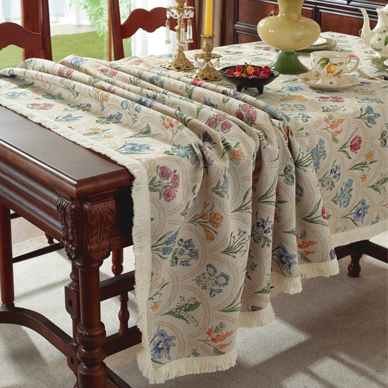 中古风提花餐桌布植物花朵流苏桌布长方形茶几复古家居圆桌台布