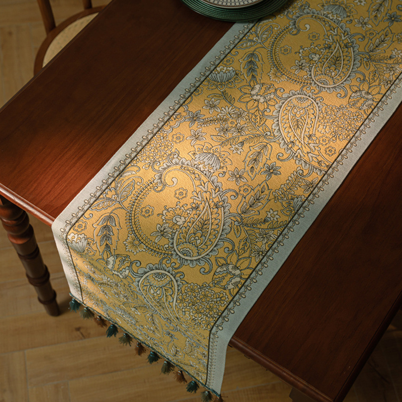 新中式花叶复古桌旗家居装饰玄关柜旗流苏家用台布餐边柜床尾旗