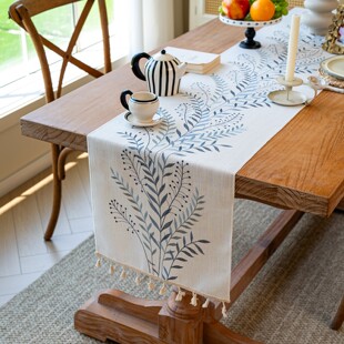 简约法式餐桌布艺桌旗茶几台布长条柜旗美式刺绣桌旗流苏装饰桌巾