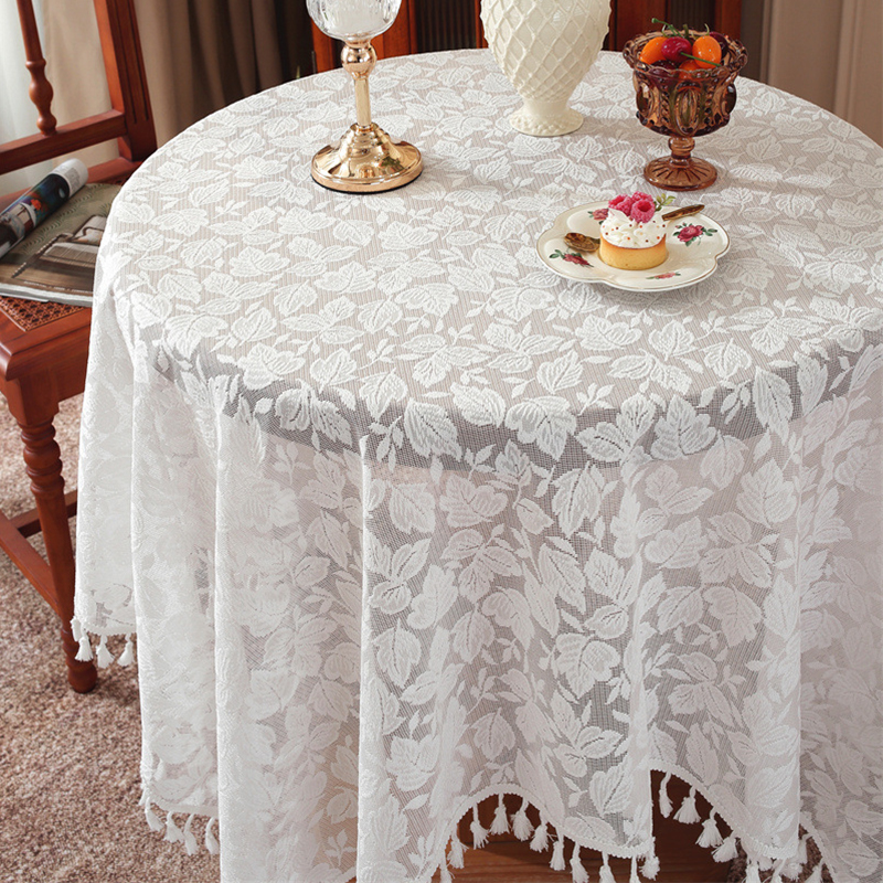 法式白色蕾丝桌布圆形叶子花纹流苏边餐桌布家用镂空花朵婚礼装饰