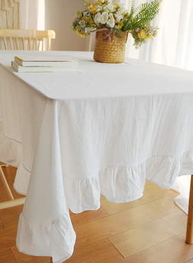 ins风荷叶边餐桌布白色野餐褶皱棉花边圆桌布甜品摆台布茶几台布