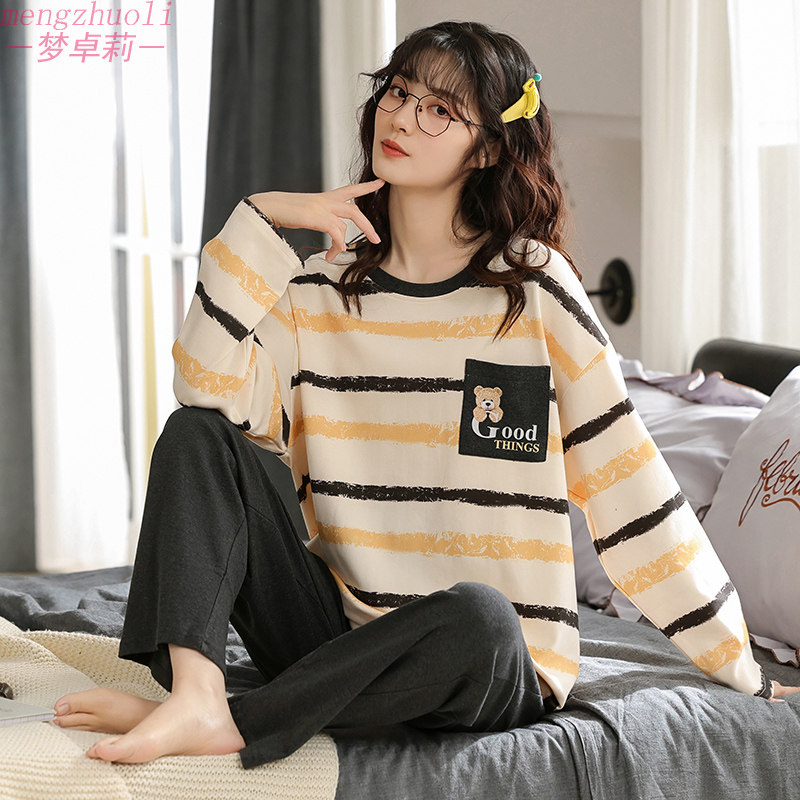 睡衣女春秋款纯棉卡通可爱长袖全棉可外穿家居服秋冬季条纹大学生