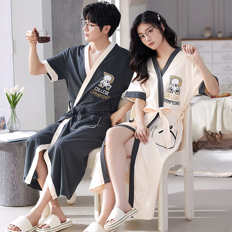 情侣睡衣夏季纯棉睡袍女款卡通可爱中长款系带短袖女浴袍式家居服