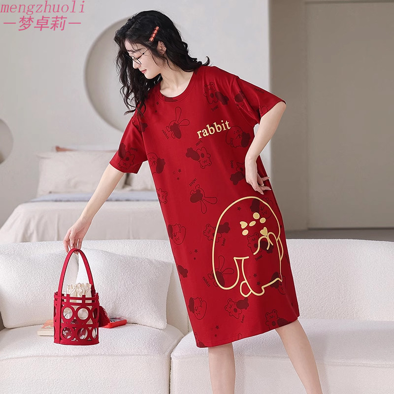 红色睡裙女夏季纯棉短袖简约风甜美可爱时尚大码中长款本命年睡衣