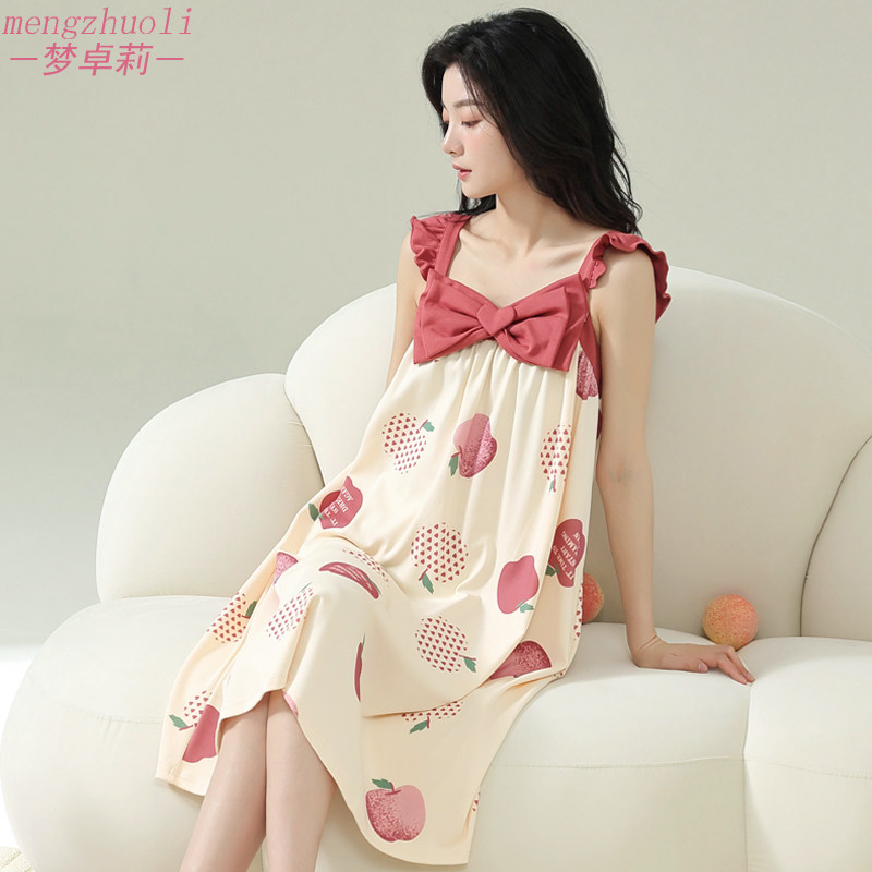 吊带睡裙女夏季纯棉无袖蝴蝶结甜美可爱薄款显瘦女生睡衣夏天大码