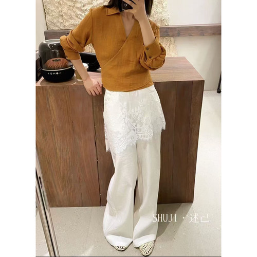 老钱风蕾丝拼接高腰显瘦休闲长裤