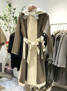 撞色连帽风衣系带拼接大衣外套