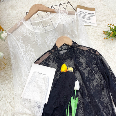 2025秋装新款长袖蕾丝半高领设计中长款镂空网纱打底衫女洋气上衣
