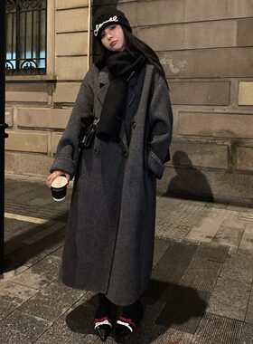 黑色羽绒服内胆呢子大衣女中长款2026新款冬季宽松毛呢外套小个子