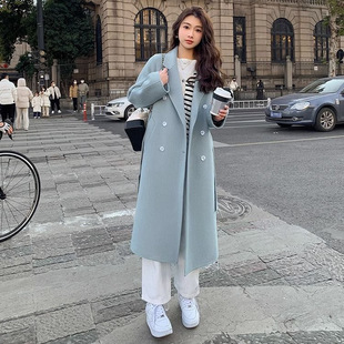 蓝色双面羊绒大衣女中长款2026春秋韩版宽松高级感小个子毛呢外套