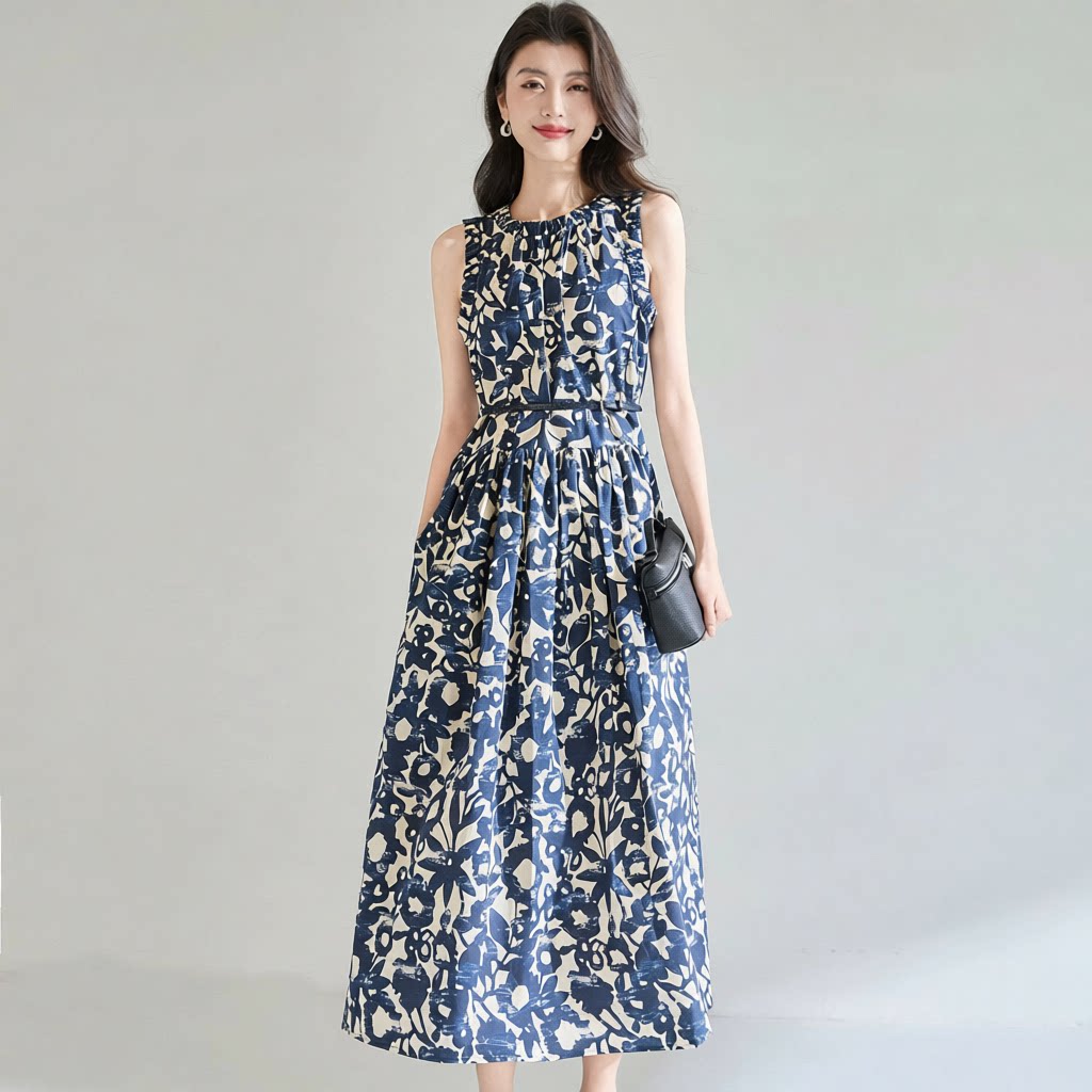 2026夏季M家设计感赫本风油画印花无袖连衣裙腰带府绸中长裙子女