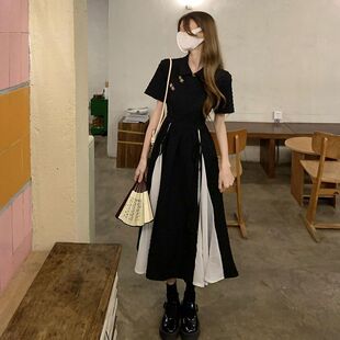 时尚拼接黑色连衣裙女夏季2026新款轻奢高级感气质中长款a字裙子