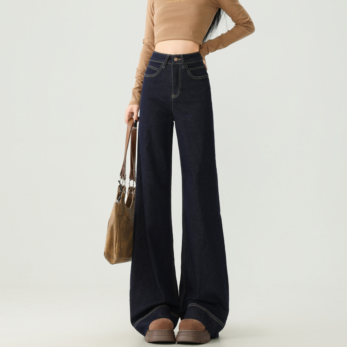 丹宁蓝微喇叭牛仔裤女2026春季新款高腰直筒不贴腿显瘦拖地阔腿裤