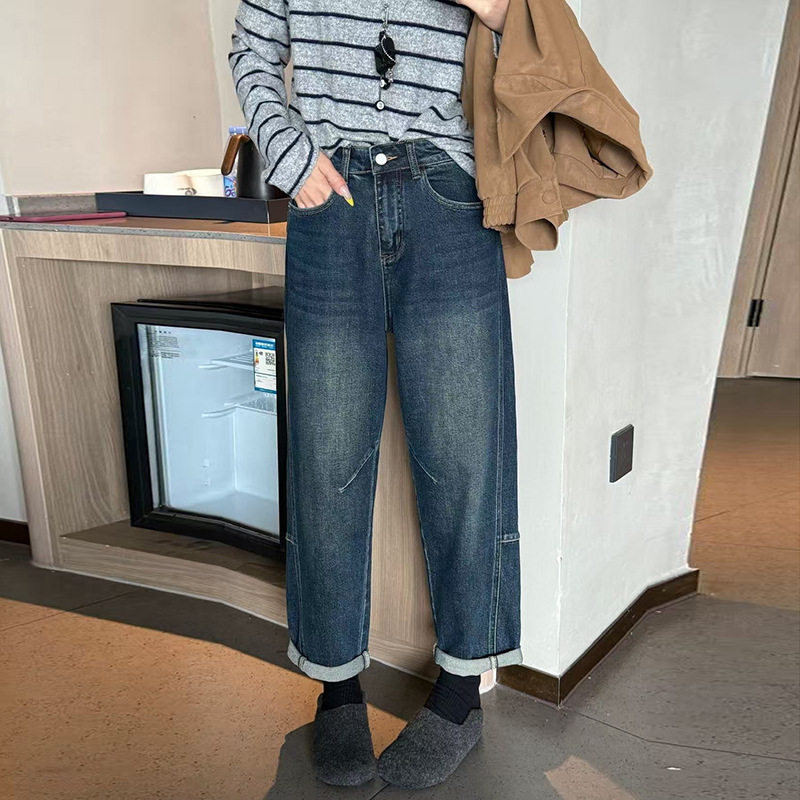 复古阔腿牛仔裤女2025春秋新款直筒宽松小众设计感小个子九分裤子