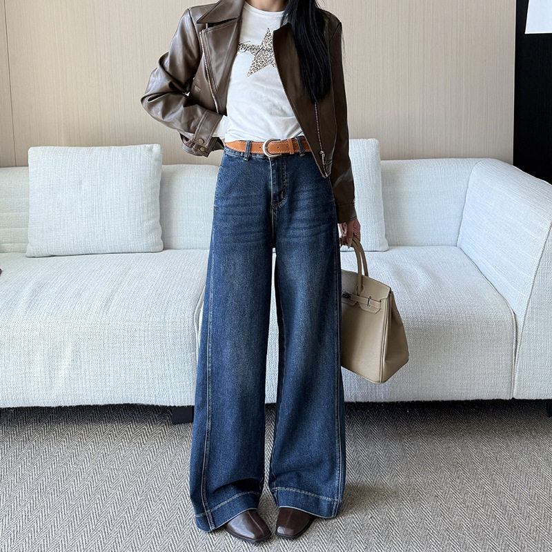 复古阔腿牛仔裤女2025春秋新款直筒宽松小众设计感小个子九分裤子
