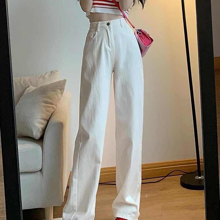 白色阔腿牛仔裤女春秋新款高腰显瘦韩版ins直筒宽松垂感拖地裤子