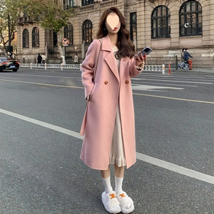 粉色双面羊绒呢大衣女2026春季新款韩版宽松中长款双面羊毛呢外套