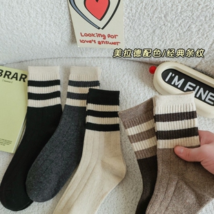 袜子条纹长袜女中筒秋冬季 ins秋冬百搭保暖长筒袜加厚堆堆运动袜