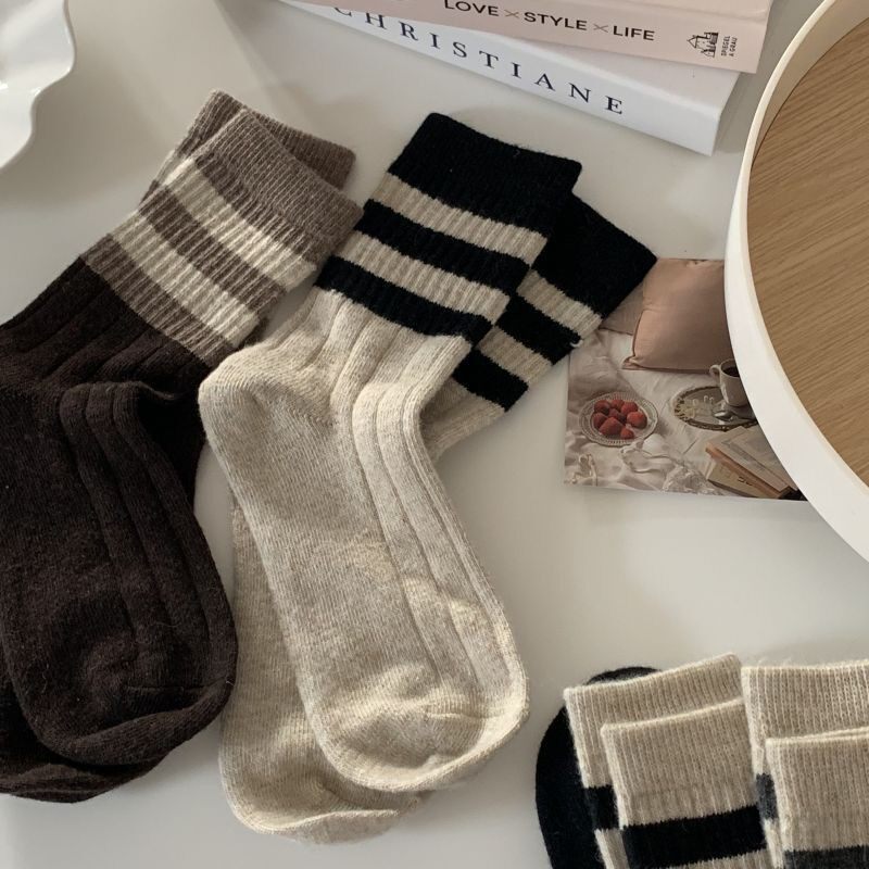 日系韩版条纹复古双杠袜子女春秋季中筒袜韩版百搭中筒堆堆女袜