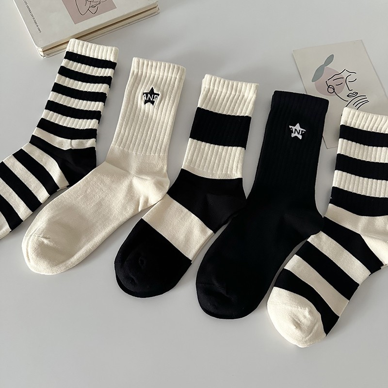 黑色条纹运动中筒袜子百搭ins潮流情侣街头男女同款秋冬中筒袜